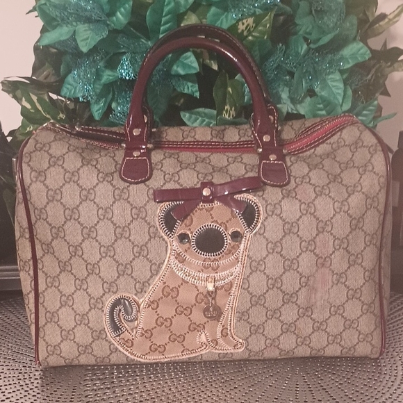 Gucci Joy Supreme Brown and Burgundy Dog Canvas Boston Bag. Preloved - Picture 1 of 11